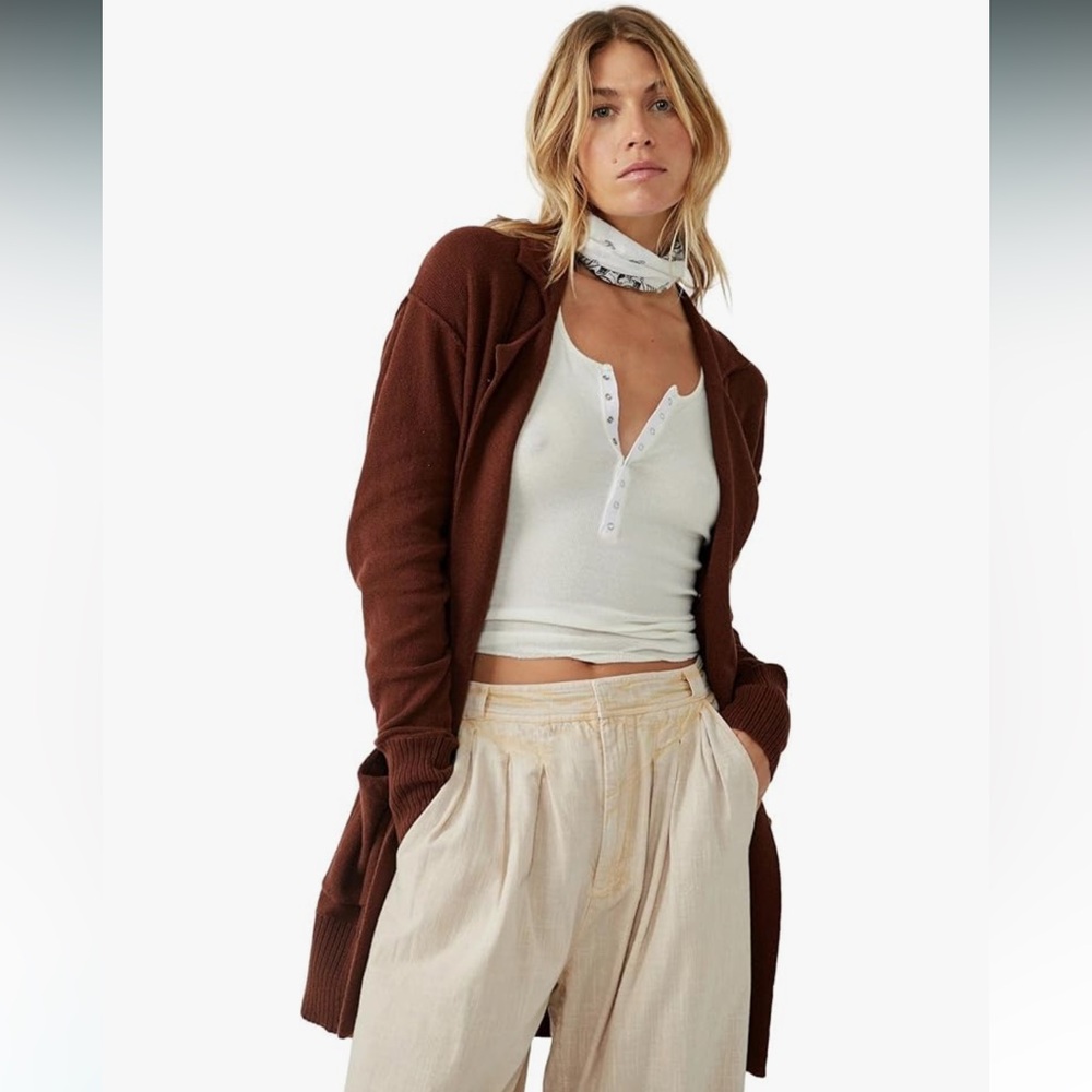 FREE PEOPLE Care FP Desert Long Blazer Chestnut Boho Indie Sleeze 100% Cotton